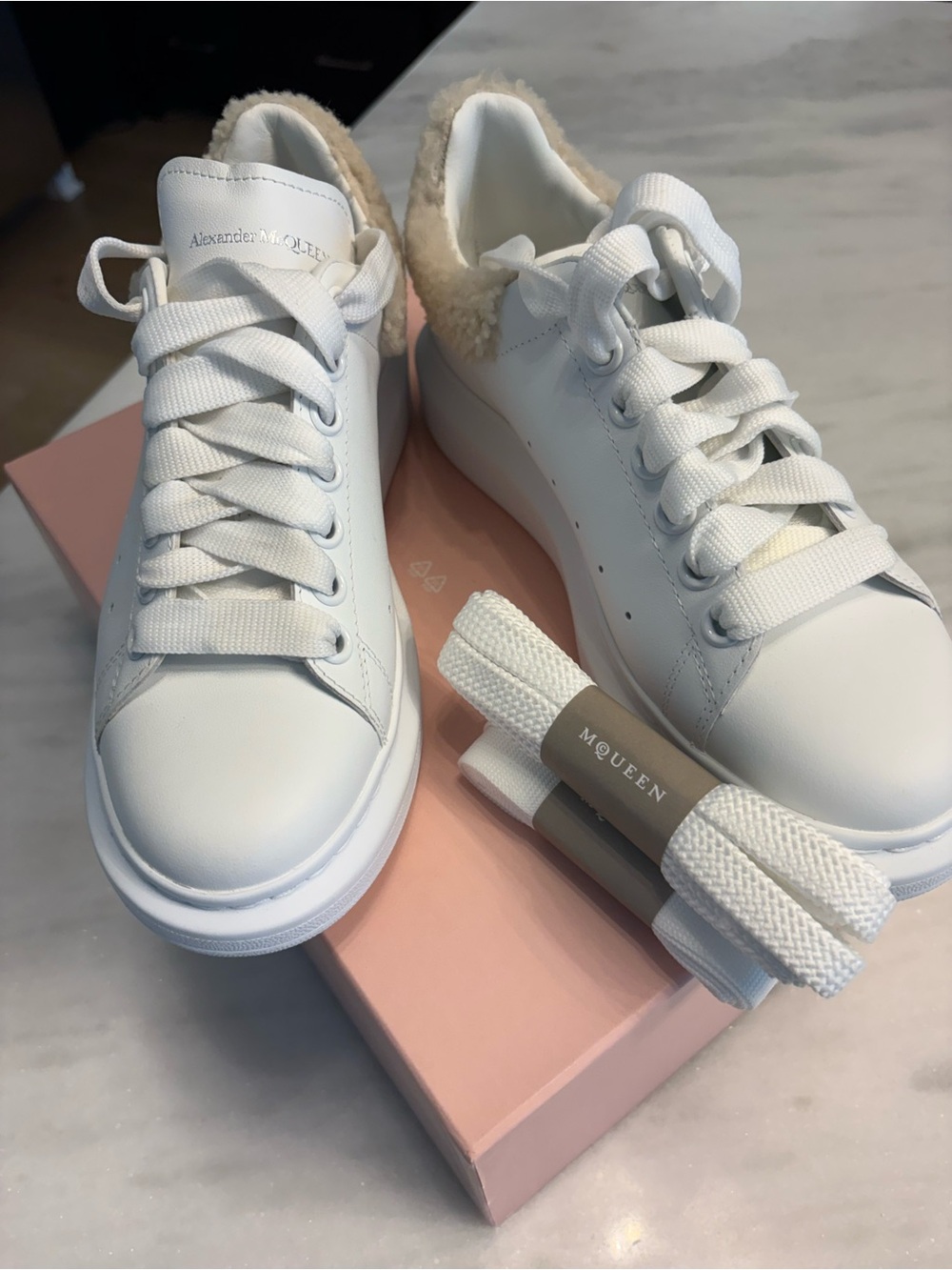 Alexander McQueen White Leather Low-Top Sneakers with Shearling Collar US Size 8
